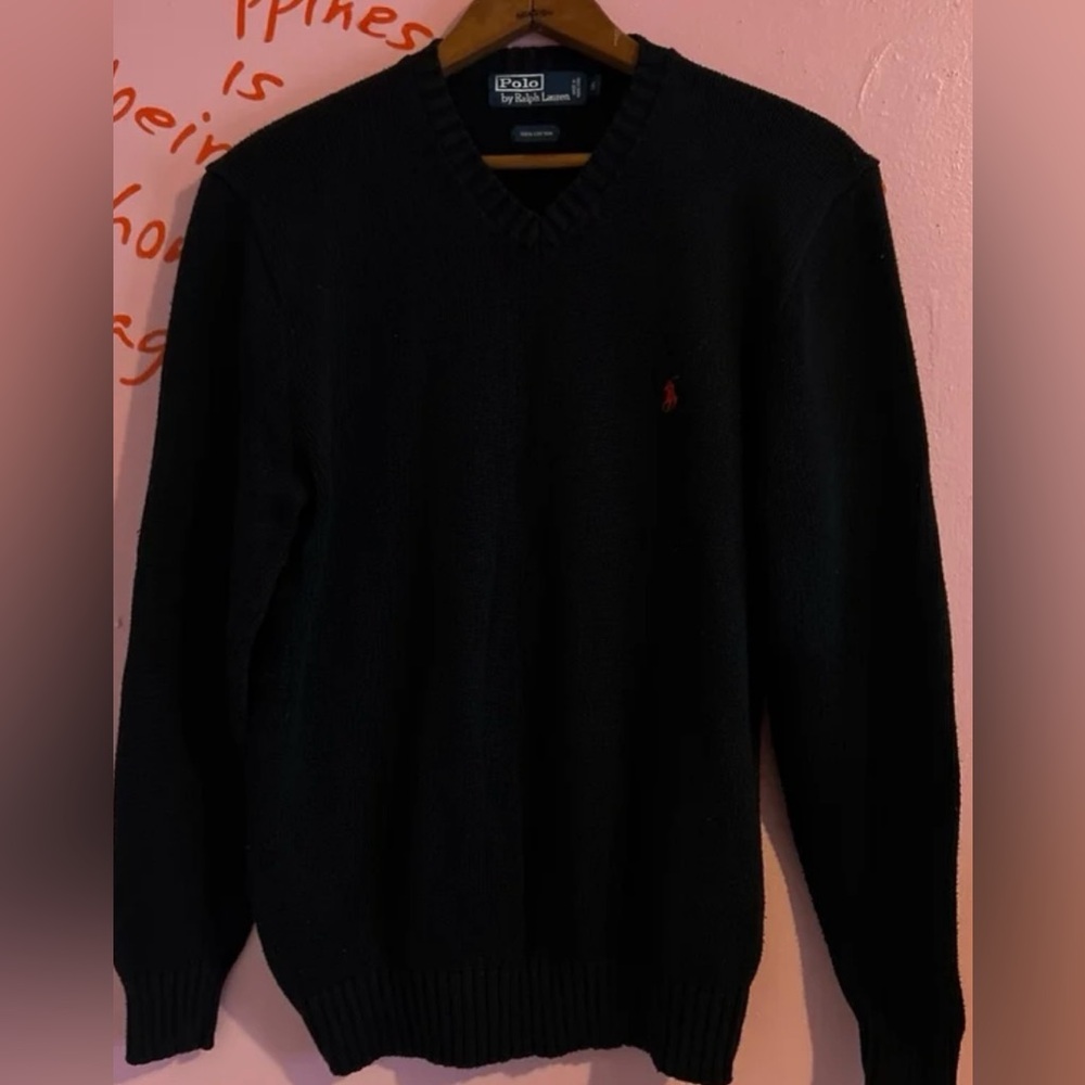 Polo by Ralph Lauren Black V-Neck Sweater with Red Pony